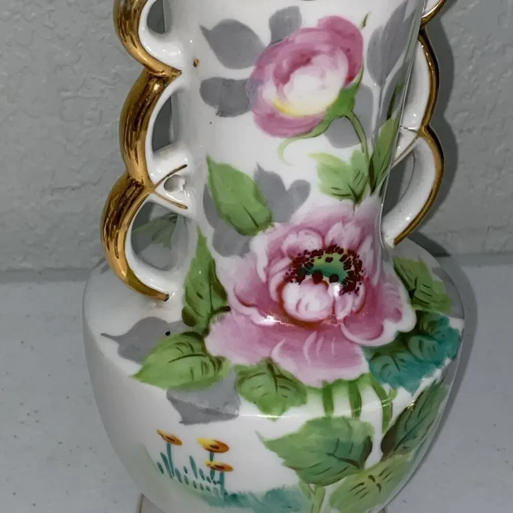 VTG Double Handled Floral Vase 9” Set Of 2‎ Hand Painted Made In Occupied Japan